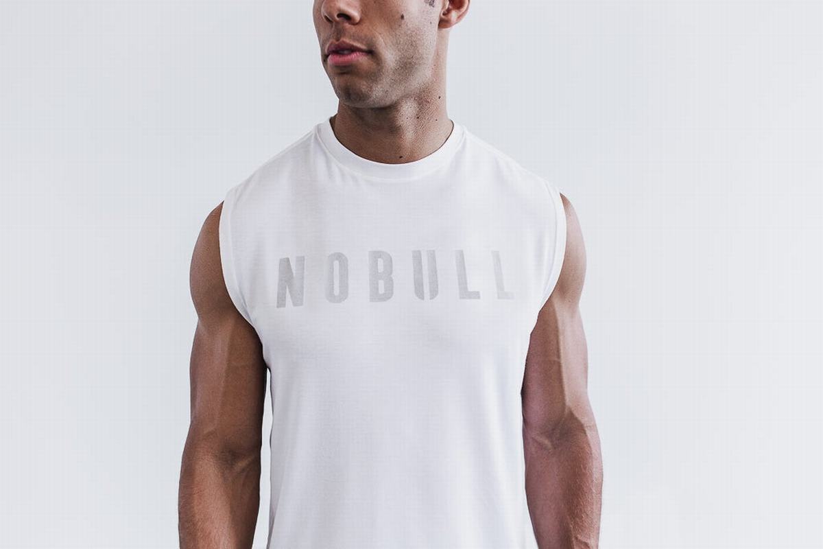 Nobull Sleeveless Men\'s T Shirts White | Australia (MR1420)